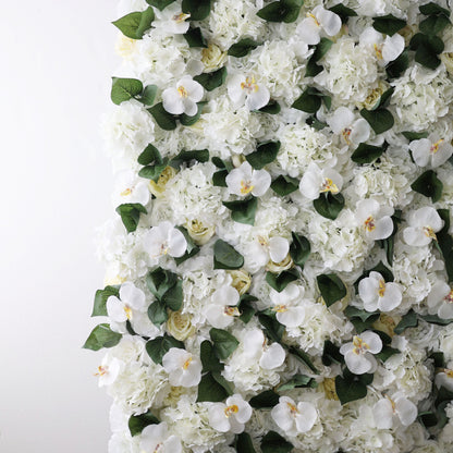 Roll Up Fabric Artificial White Phalaenopsis Aphrodite and Roses Flower Wall Wedding Backdrop, Floral Party Decor, Event Photography-VF-003