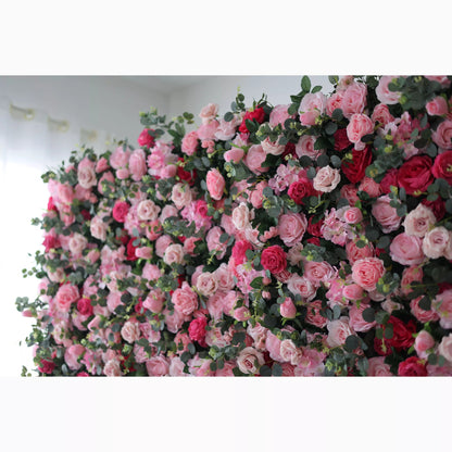 Presents: Blooming Bliss Artificial Fabric Flower Wall – Lush Pink, Red, and White Rose Display for Weddings, Events, and Home Décor – Ultimate Floral Backdrop for Romantic Ambiances-VF-214