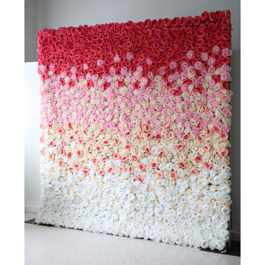 Roll Up Fabric Artificial Gradient Red to White Flower Wall Wedding Backdrop, Floral Party Decor, Event Photography-VF-035