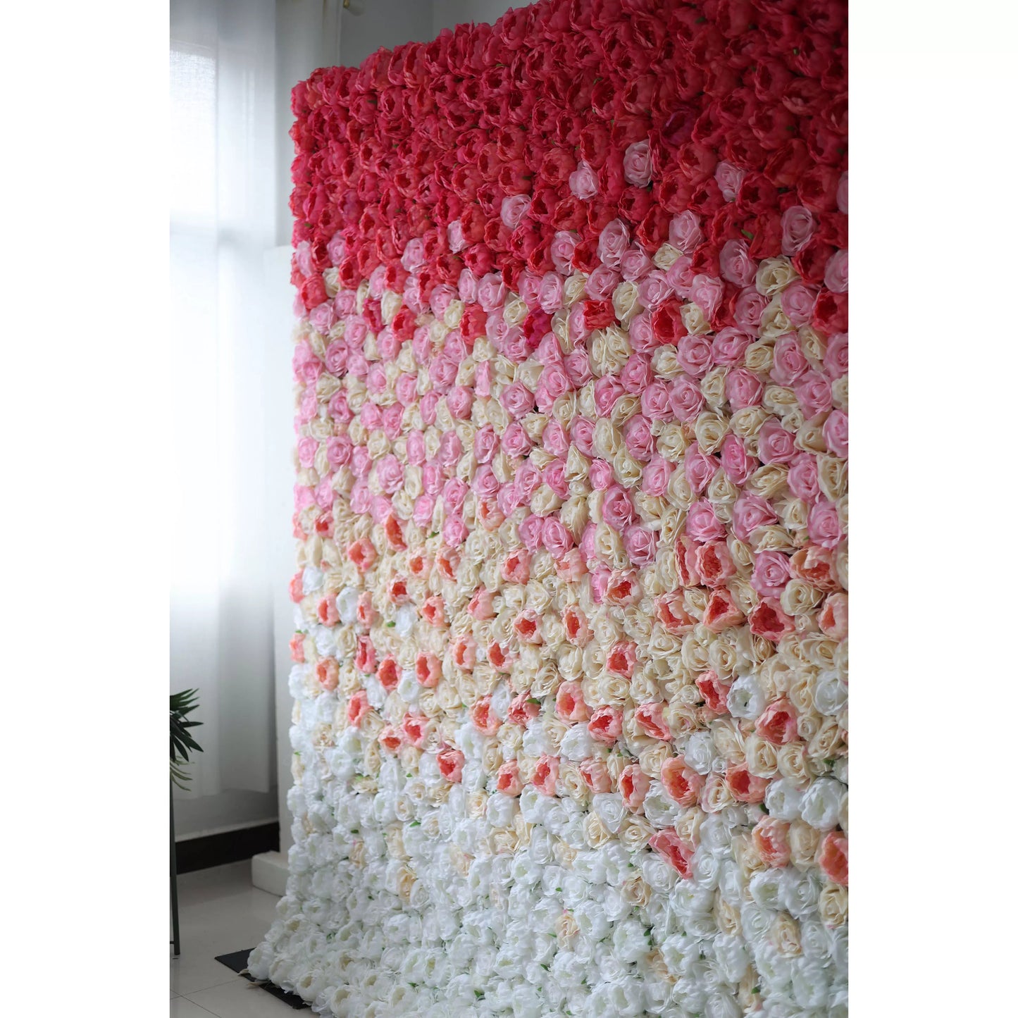 Roll Up Fabric Artificial Gradient Red to White Flower Wall Wedding Backdrop, Floral Party Decor, Event Photography-VF-035