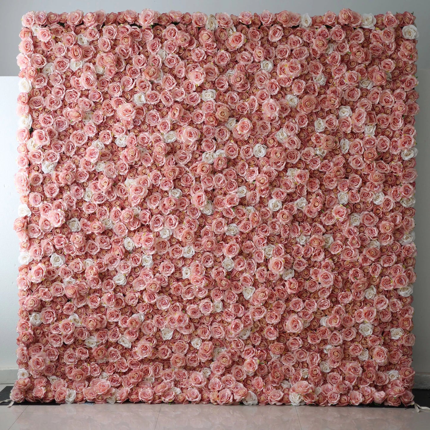 Roll Up Fabric Artificial Turkish Rose and Oriental Pink and White Flower Wall Wedding Backdrop, Floral Party Decor, Event Photography-VF-054