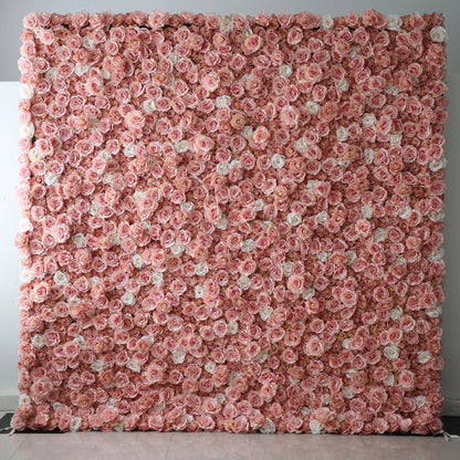 Roll Up Fabric Artificial Turkish Rose and Oriental Pink and White Flower Wall Wedding Backdrop, Floral Party Decor, Event Photography-VF-054