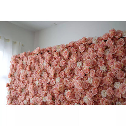 Roll Up Fabric Artificial Turkish Rose and Oriental Pink and White Flower Wall Wedding Backdrop, Floral Party Decor, Event Photography-VF-054