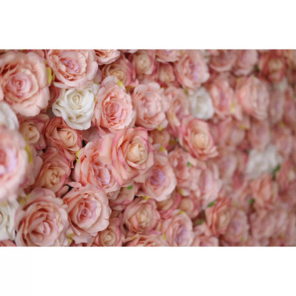 Roll Up Fabric Artificial Turkish Rose and Oriental Pink and White Flower Wall Wedding Backdrop, Floral Party Decor, Event Photography-VF-054