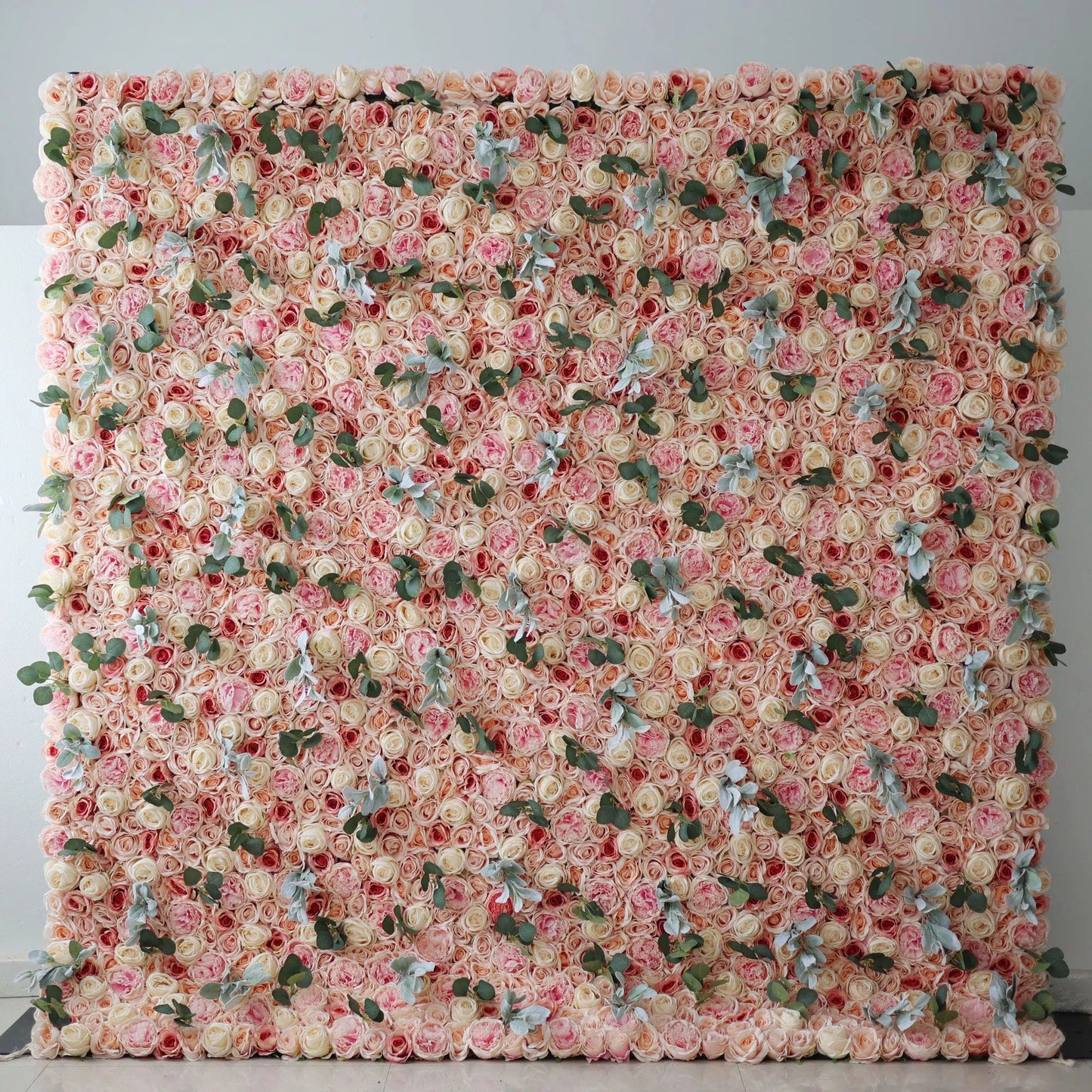 Showcases: The Peach Blossom Euphoria - Artificial Fabric Flower Wall Featuring Rosy Blush and Creamy Peach Florals – An Enchanting Backdrop for Celebrations & Cozy Home Interiors-VF-215