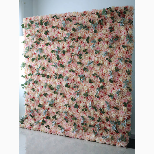 Showcases: The Peach Blossom Euphoria - Artificial Fabric Flower Wall Featuring Rosy Blush and Creamy Peach Florals – An Enchanting Backdrop for Celebrations & Cozy Home Interiors-VF-215