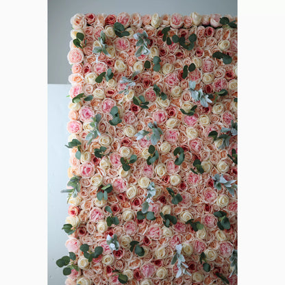 Showcases: The Peach Blossom Euphoria - Artificial Fabric Flower Wall Featuring Rosy Blush and Creamy Peach Florals – An Enchanting Backdrop for Celebrations & Cozy Home Interiors-VF-215