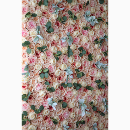 Showcases: The Peach Blossom Euphoria - Artificial Fabric Flower Wall Featuring Rosy Blush and Creamy Peach Florals – An Enchanting Backdrop for Celebrations & Cozy Home Interiors-VF-215