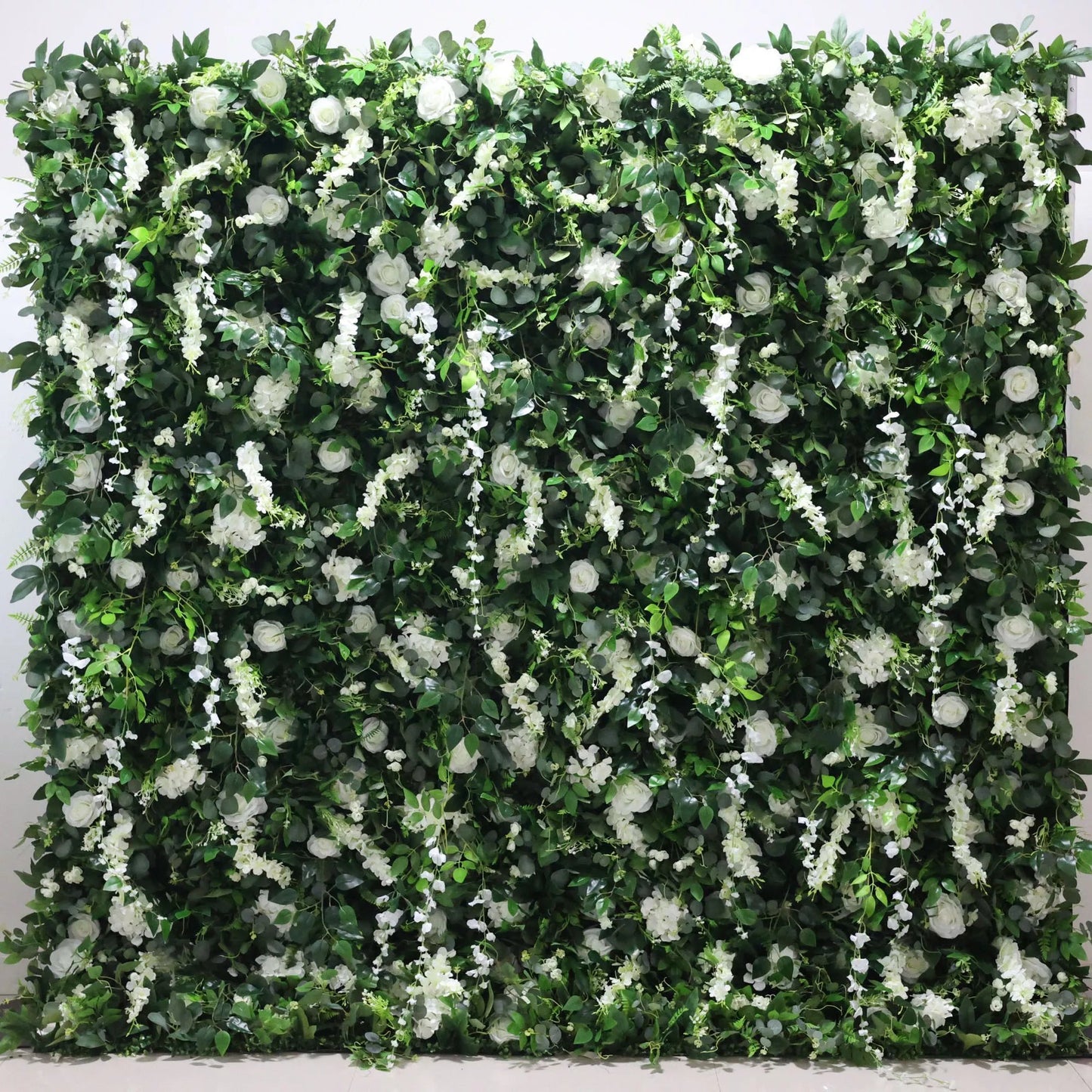 Roll Up Fabric Artificial White Flower and Vivid Green Leaves Floral Wall Wedding Backdrop, Floral Party Decor, Event Photography-VF-071-3