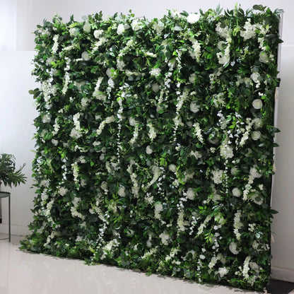 Roll Up Fabric Artificial White Flower and Vivid Green Leaves Floral Wall Wedding Backdrop, Floral Party Decor, Event Photography-VF-071-3