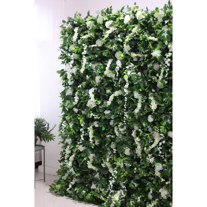 Roll Up Fabric Artificial White Flower and Vivid Green Leaves Floral Wall Wedding Backdrop, Floral Party Decor, Event Photography-VF-071-3