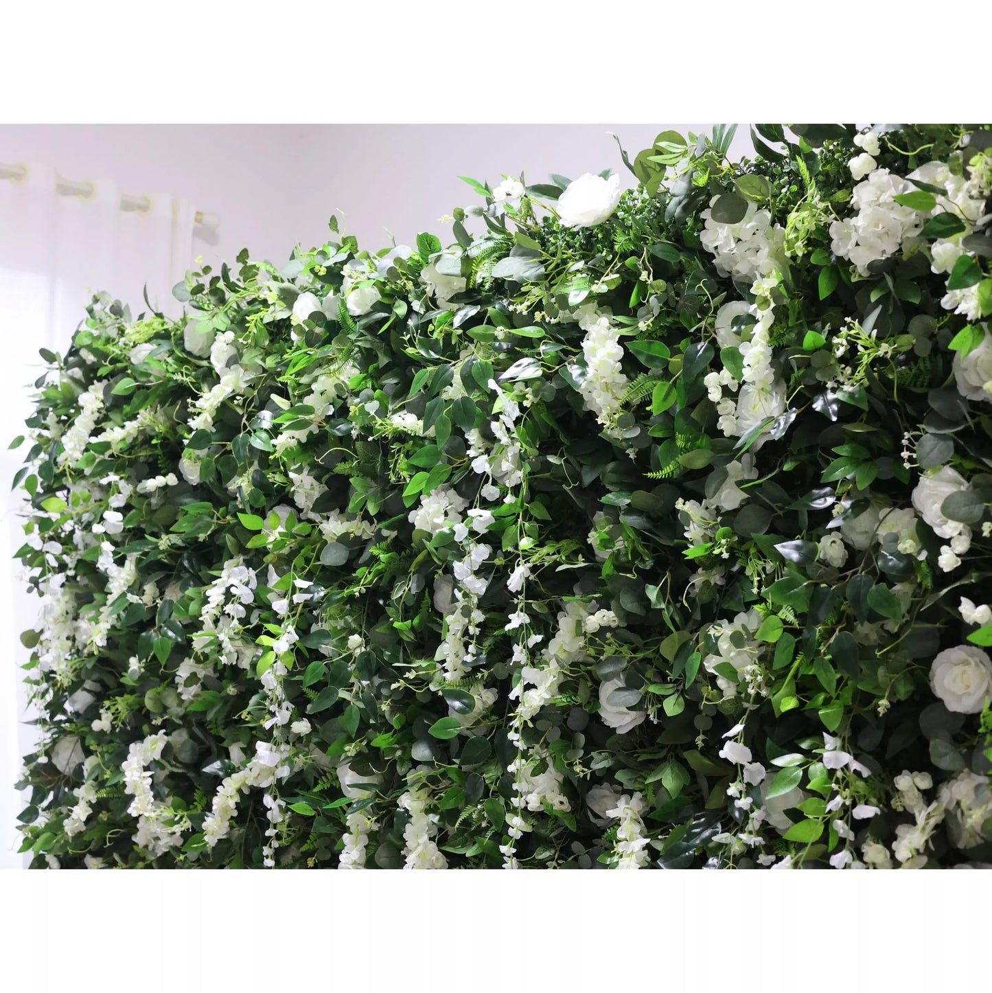 Roll Up Fabric Artificial White Flower and Vivid Green Leaves Floral Wall Wedding Backdrop, Floral Party Decor, Event Photography-VF-071-3