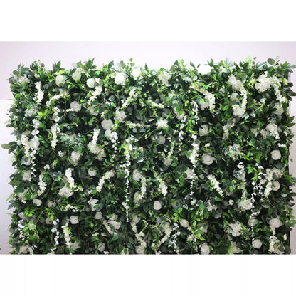 Roll Up Fabric Artificial White Flower and Vivid Green Leaves Floral Wall Wedding Backdrop, Floral Party Decor, Event Photography-VF-071-3