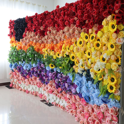 Roll Up Fabric Artificial Vivid Rainbow Flower Wall Wedding Backdrop, Floral Party Decor, Event Photography-VF-310