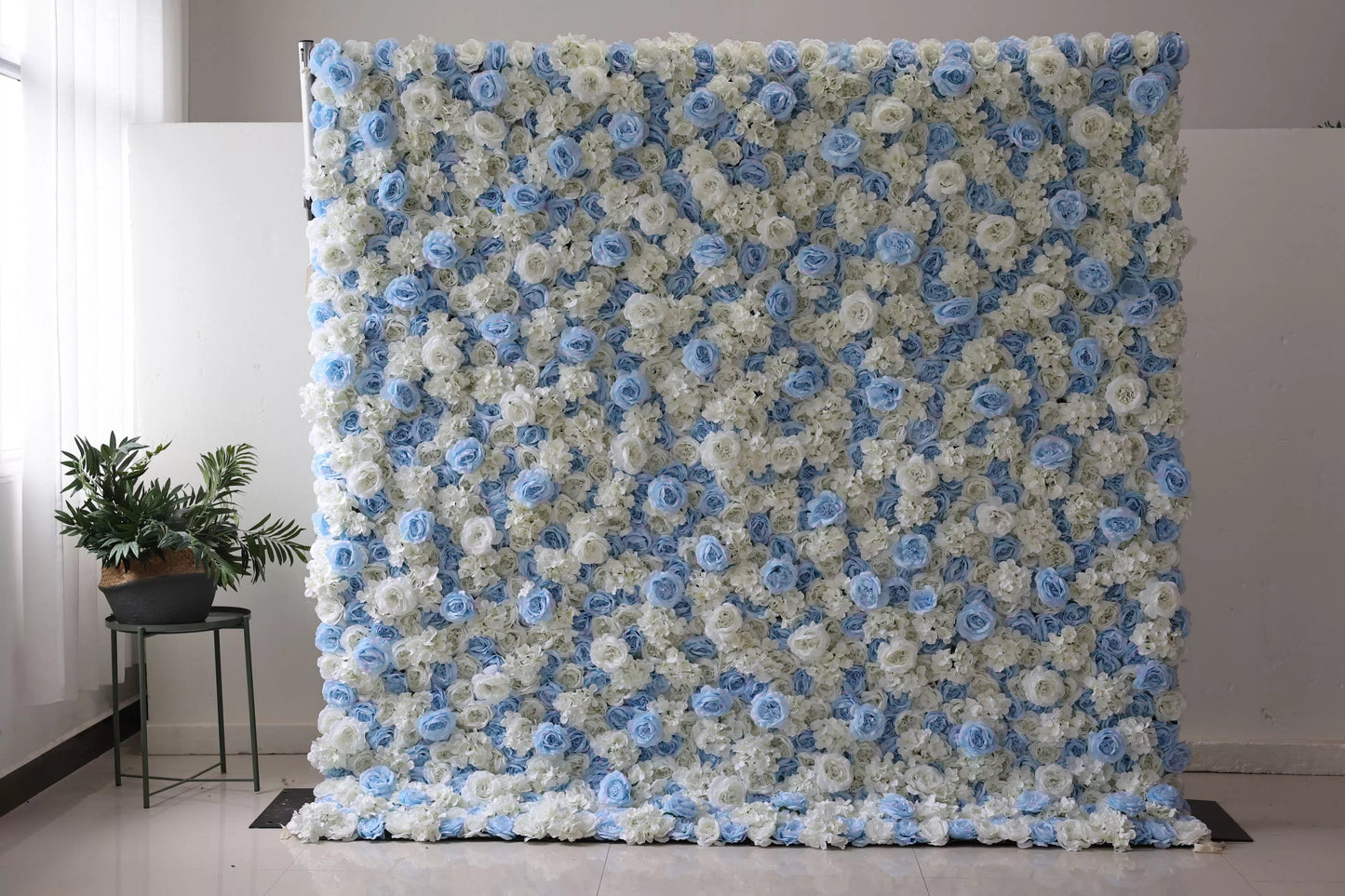 Roll Up Fabric Artificial Flower Baby Blue and White Wall Wedding Backdrop, Floral Party Decor, Event Photography-VF-025