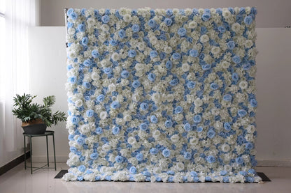 Roll Up Fabric Artificial Flower Baby Blue and White Wall Wedding Backdrop, Floral Party Decor, Event Photography-VF-025