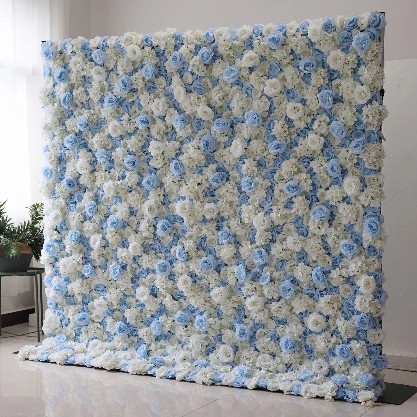 Roll Up Fabric Artificial Flower Baby Blue and White Wall Wedding Backdrop, Floral Party Decor, Event Photography-VF-025