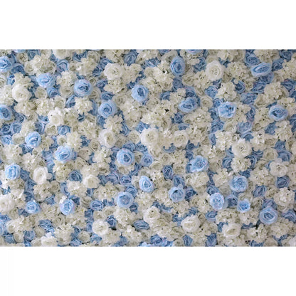 Roll Up Fabric Artificial Flower Baby Blue and White Wall Wedding Backdrop, Floral Party Decor, Event Photography-VF-025