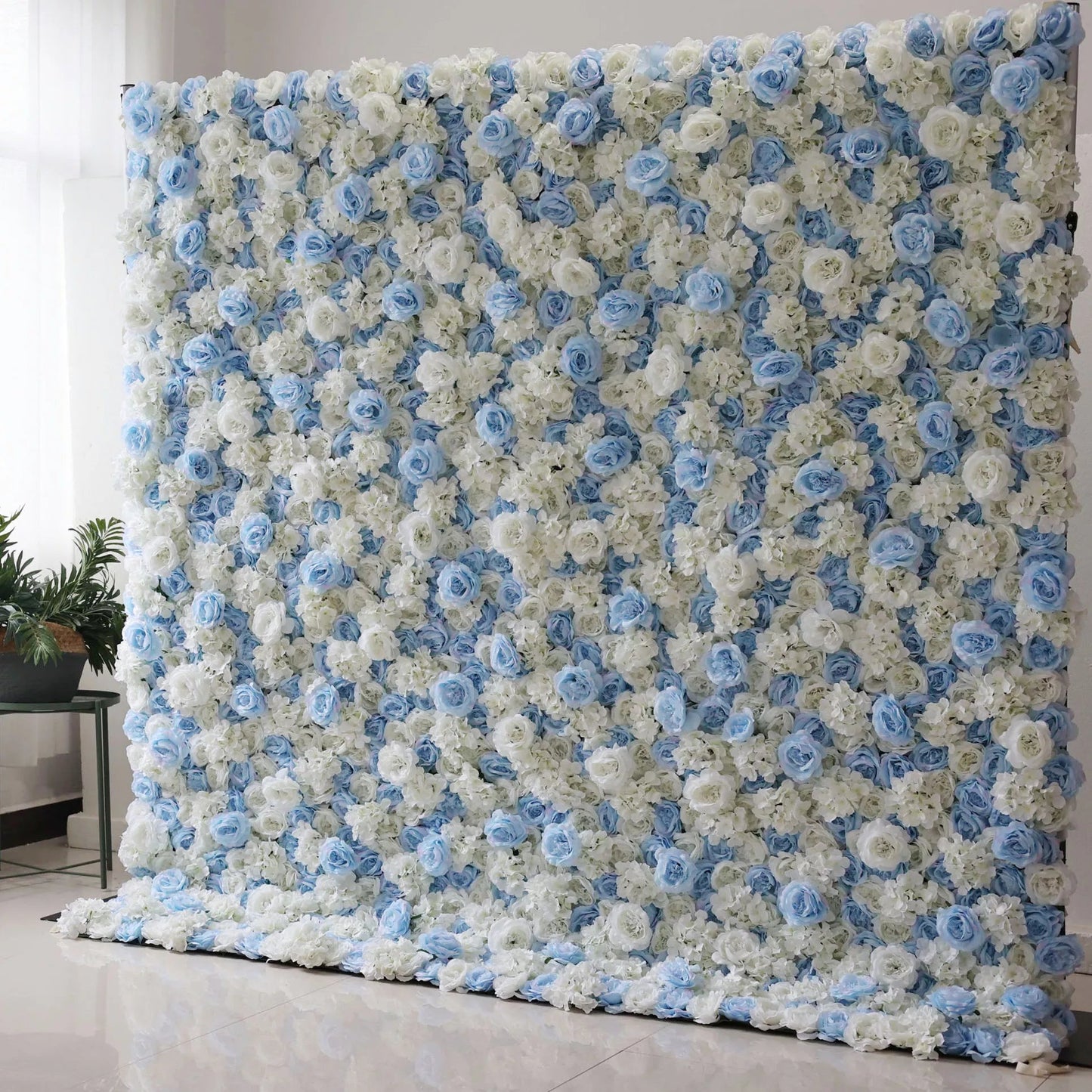 Roll Up Fabric Artificial Flower Baby Blue and White Wall Wedding Backdrop, Floral Party Decor, Event Photography-VF-025