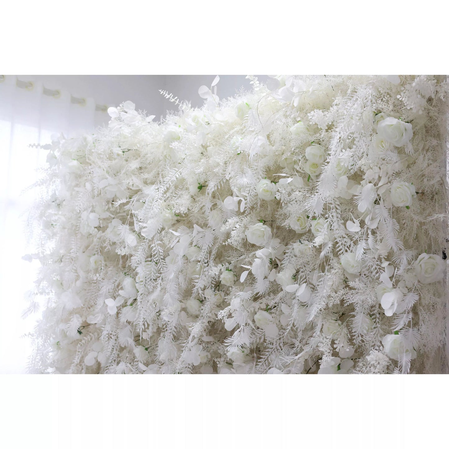 Ethereal White Floral Wall with Feathered Fern Accents: An Oasis of Serenity for Premium Events-VF-202-2