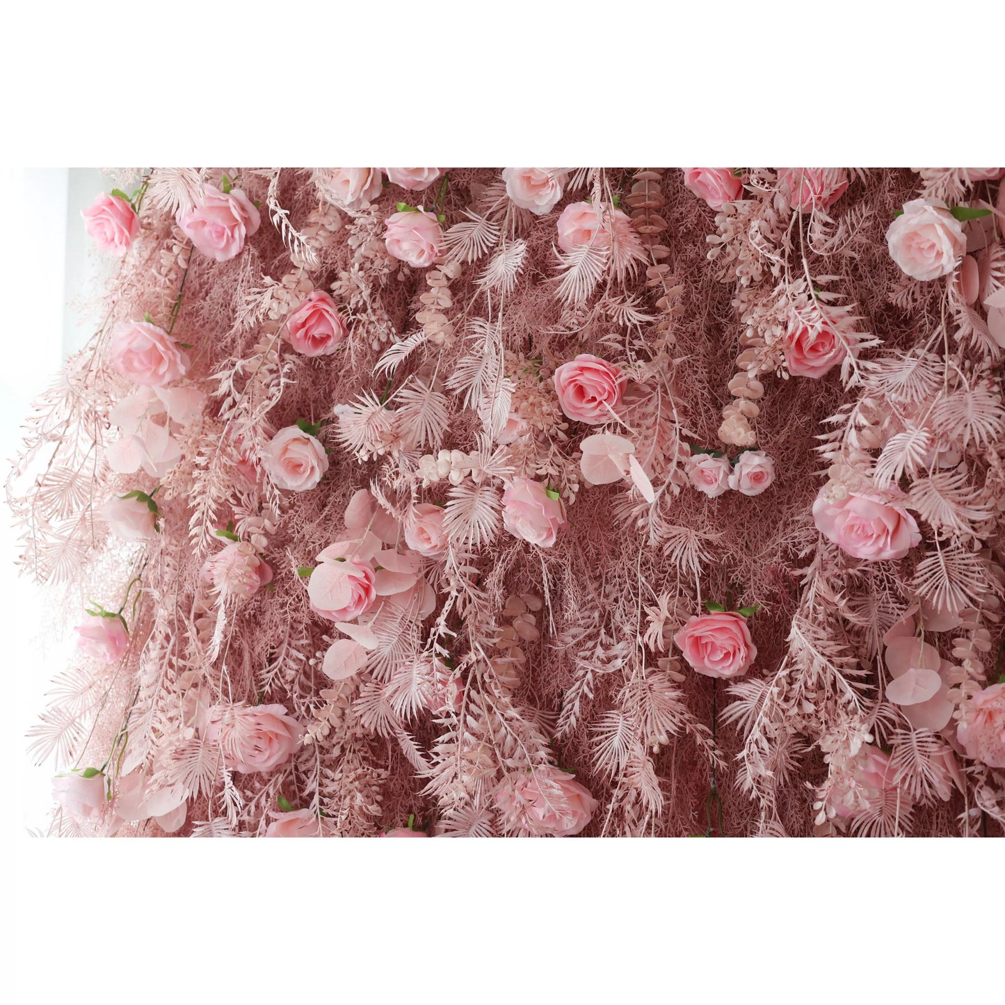 Blushing Pink Blossom Wall with Frosted Fern Accents: Romance Meets Whimsy for Sophisticated Celebrations-VF-202-3