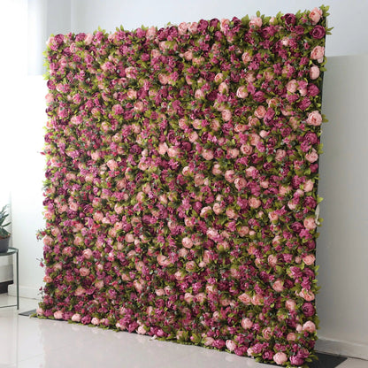 Roll Up Fabric Artificial Turkish Rose and Light Orchid Color With Pale Olive Green Leaves Flower Wall Wedding Backdrop, Floral Party Decor, Event Photography-VF-001