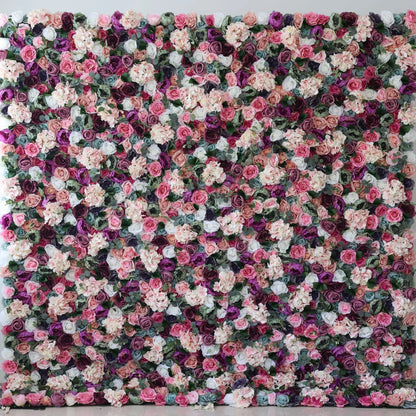 Roll Up Fabric Artificial Mixed Eggplant Purple, White, Racing Green and Cranberry Pink Floral Wall Wedding Backdrop, Floral Party Decor, Event Photography-VF-080