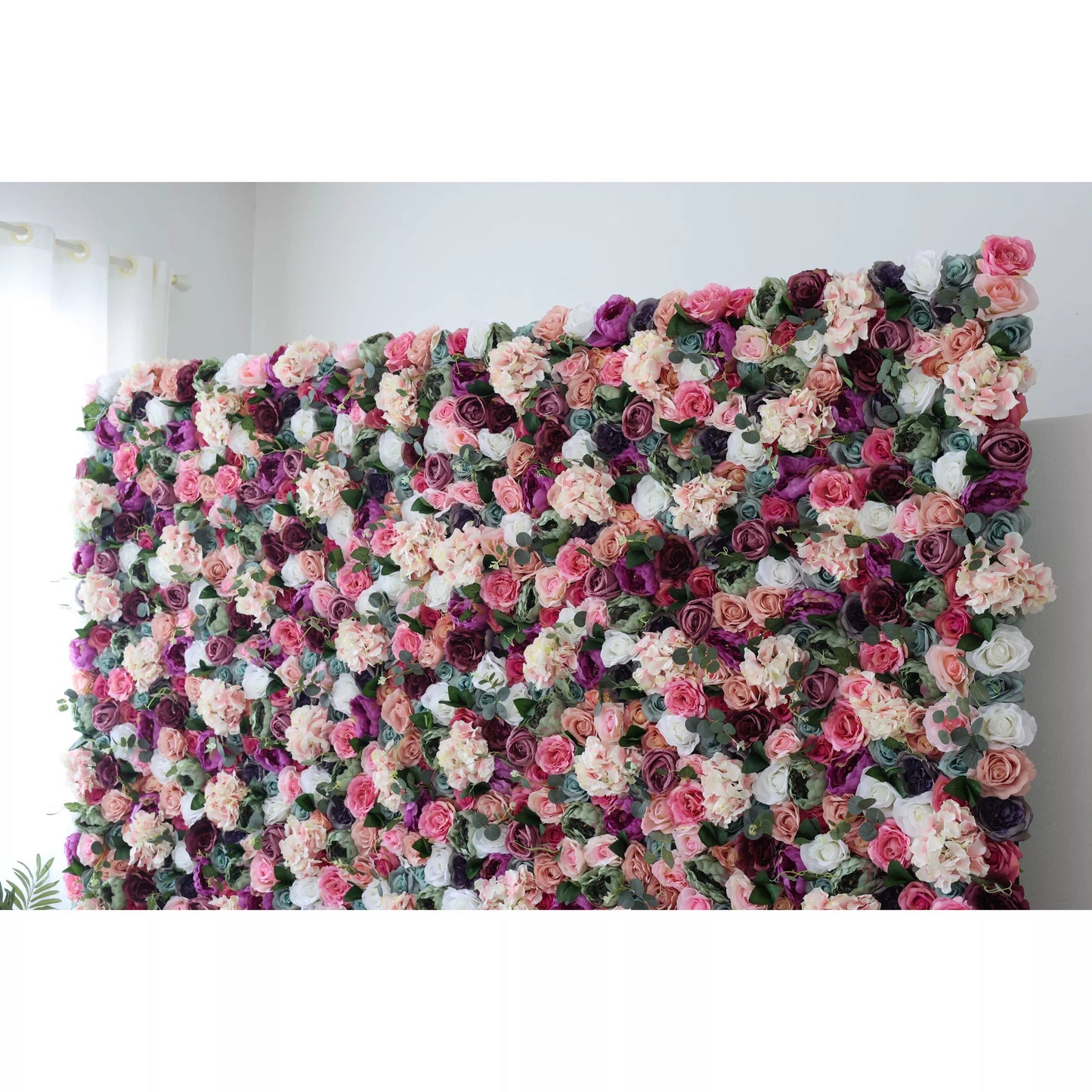 Roll Up Fabric Artificial Mixed Eggplant Purple, White, Racing Green and Cranberry Pink Floral Wall Wedding Backdrop, Floral Party Decor, Event Photography-VF-080