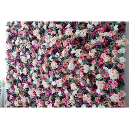 Roll Up Fabric Artificial Mixed Eggplant Purple, White, Racing Green and Cranberry Pink Floral Wall Wedding Backdrop, Floral Party Decor, Event Photography-VF-080