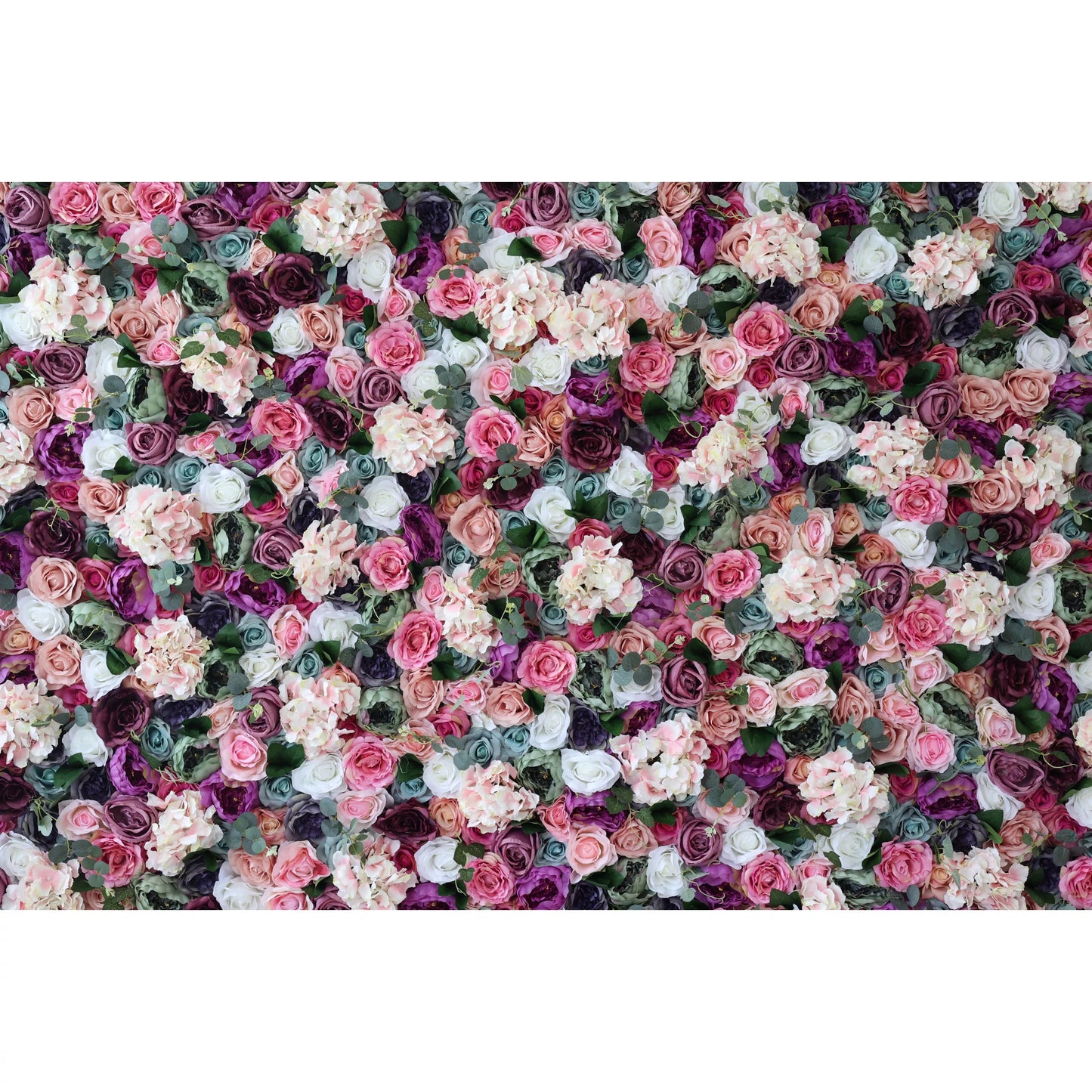 Roll Up Fabric Artificial Mixed Eggplant Purple, White, Racing Green and Cranberry Pink Floral Wall Wedding Backdrop, Floral Party Decor, Event Photography-VF-080