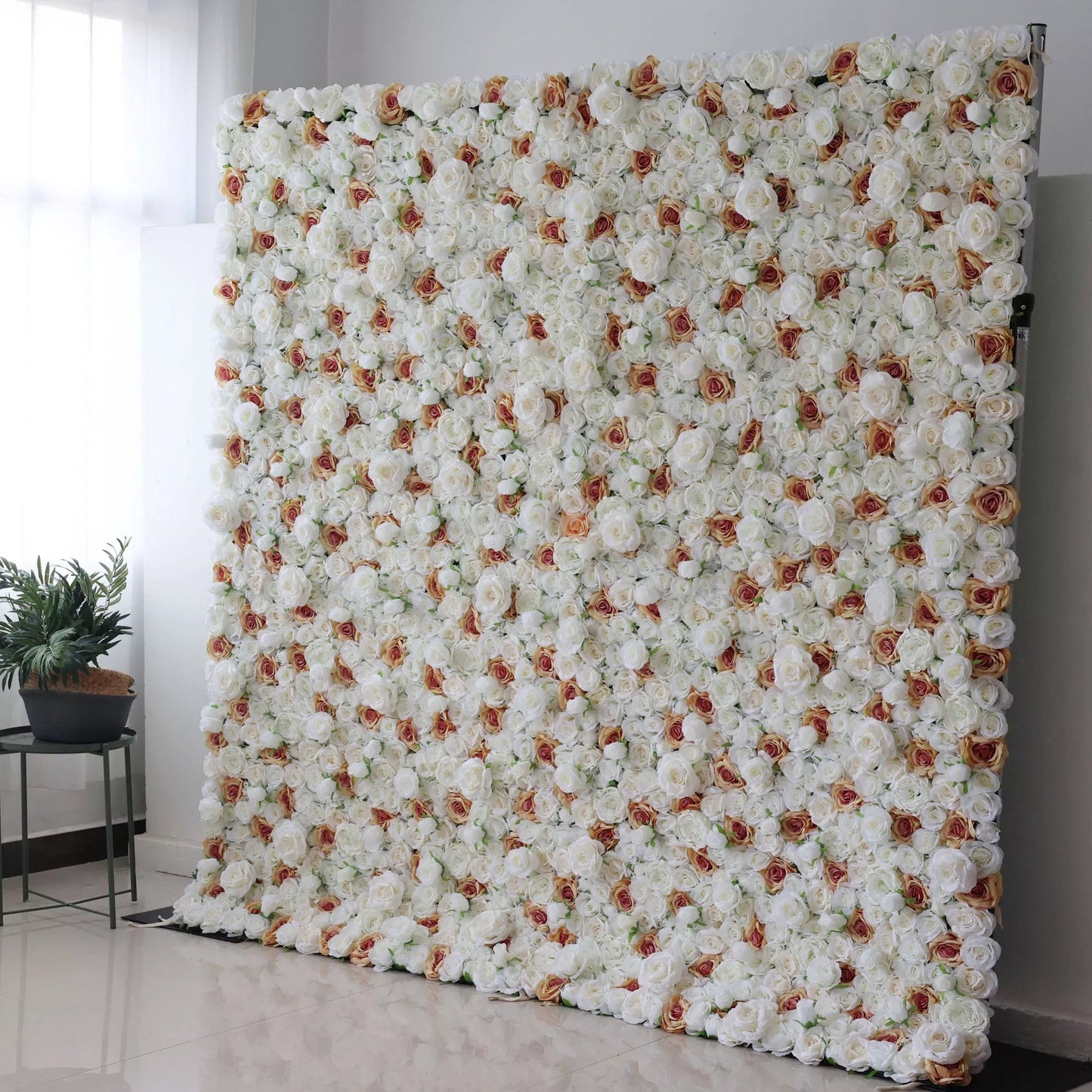 Unveils: Elysian Meadows – A Majestic Blend of White & Light Peach Fabric Roses – Quintessential Floral Wall for Weddings, Celebrations & Sophisticated Interior Settings-VF-218