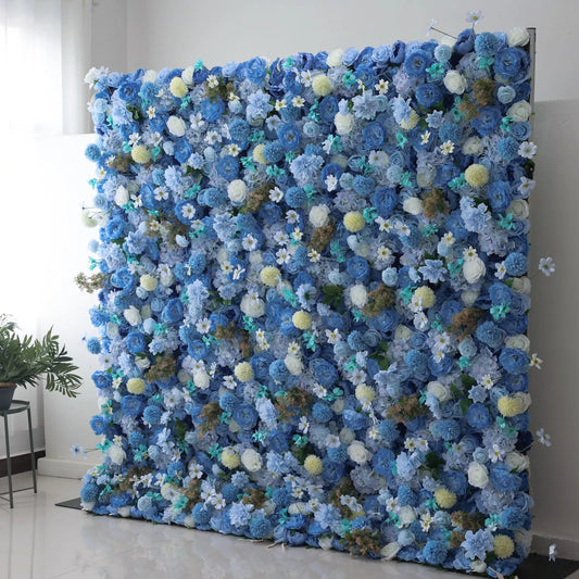 Introduces: Azure Harmony – A Serene Symphony of Blue & Pale Yellow Fabric Blooms – Ideal Floral Wall for Nautical Themes, Events & Tranquil Interior Ambiances-VF-219-2