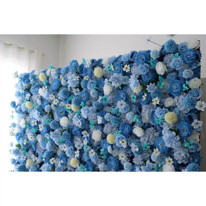 Showcases: Cerulean Dreamscape – A Lush Canvas of Rich Blue & Creamy White Fabric Blossoms – Premier Floral Wall for Seaside Events, Gatherings & Coastal-Inspired Interiors-VF-219-3