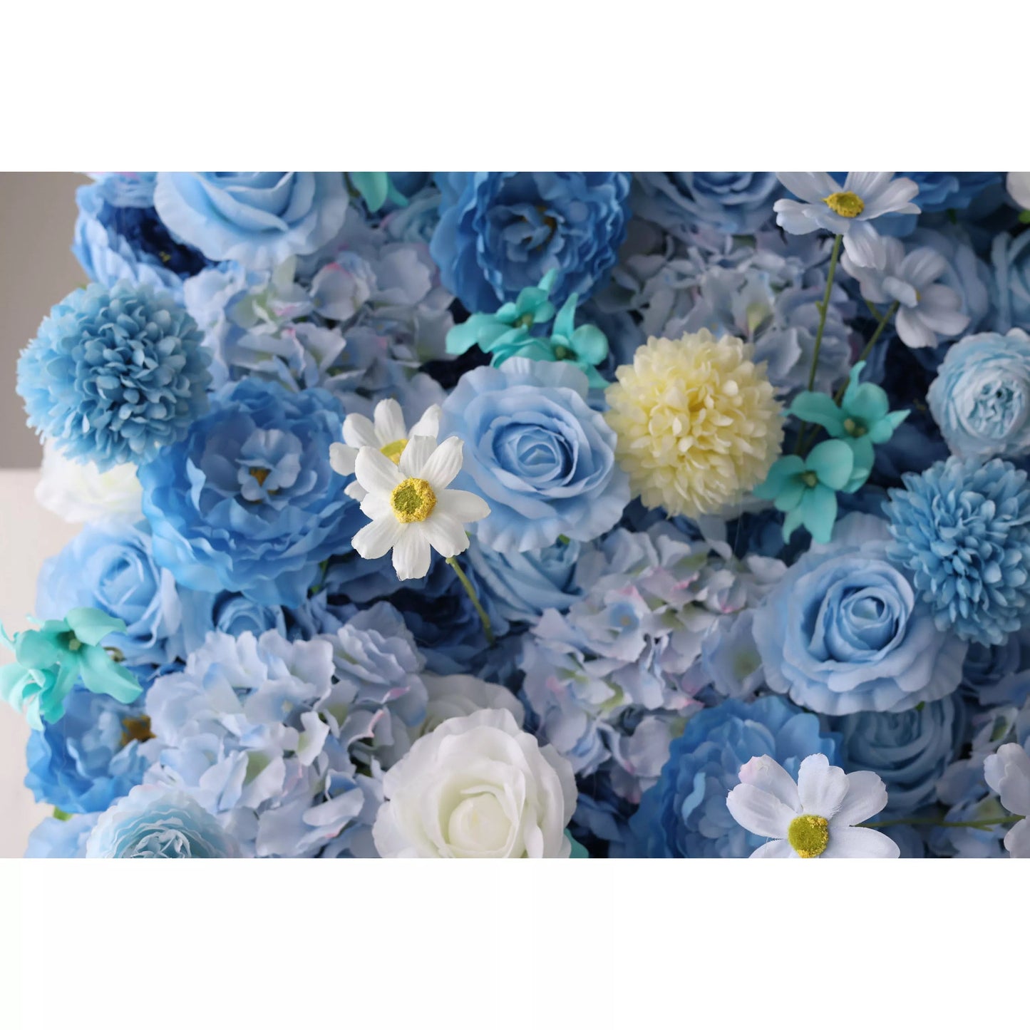 Showcases: Cerulean Dreamscape – A Lush Canvas of Rich Blue & Creamy White Fabric Blossoms – Premier Floral Wall for Seaside Events, Gatherings & Coastal-Inspired Interiors-VF-219-3