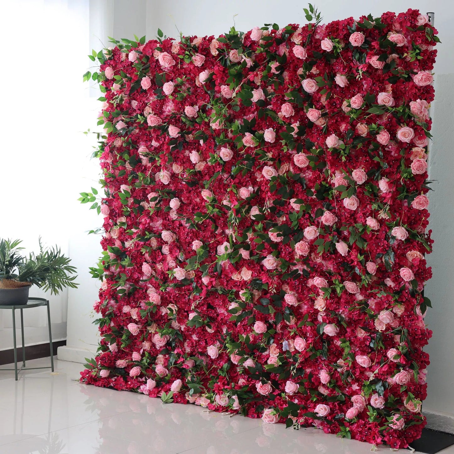 Roll Up Artificial Flower Wall Backdrop: Romantic Ruby - A Symphony of Passionate Petals for Memorable Moments-VF-236