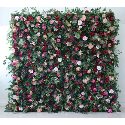 Roll Up Fabric Artificial Green Mixed Pinky and Purple and White Floral Wall Wedding Backdrop, Floral Party Decor, Event Photography-VF-095