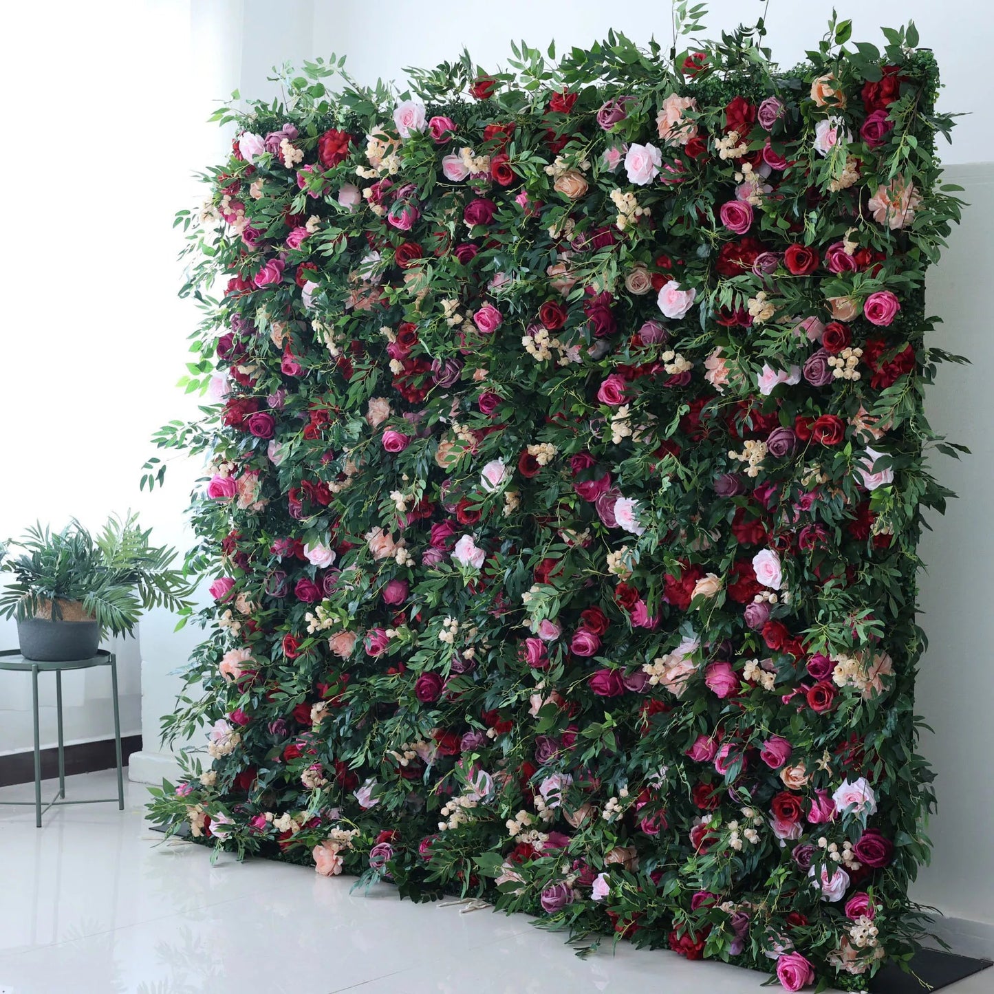 Roll Up Fabric Artificial Green Mixed Pinky and Purple and White Floral Wall Wedding Backdrop, Floral Party Decor, Event Photography-VF-095