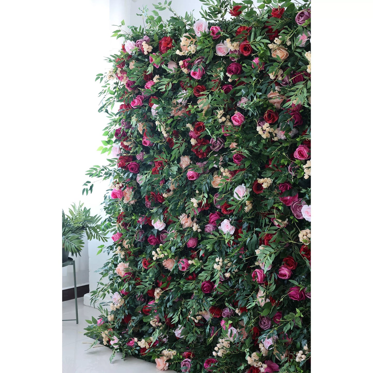 Roll Up Fabric Artificial Green Mixed Pinky and Purple and White Floral Wall Wedding Backdrop, Floral Party Decor, Event Photography-VF-095