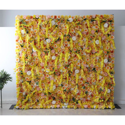 Flowers Artificial Floral Wall Backdrop: Sunlit Symphony - A Radiant Cascade of Golden Blooms-VF-252