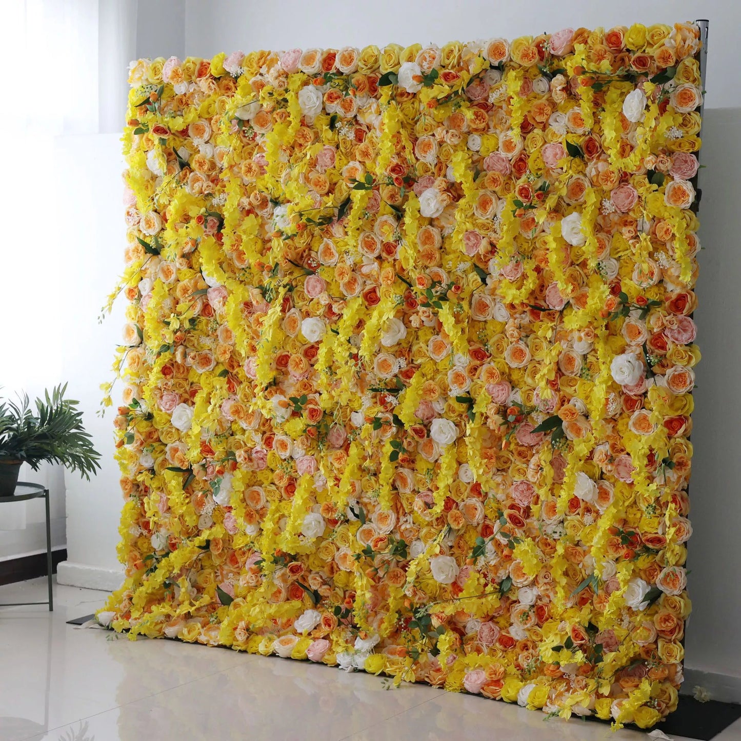 Flowers Artificial Floral Wall Backdrop: Sunlit Symphony - A Radiant Cascade of Golden Blooms-VF-252