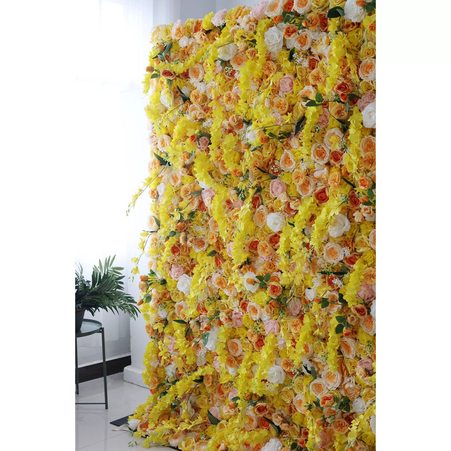 Flowers Artificial Floral Wall Backdrop: Sunlit Symphony - A Radiant Cascade of Golden Blooms-VF-252