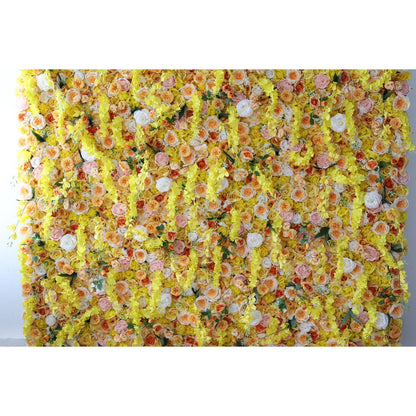 Flowers Artificial Floral Wall Backdrop: Sunlit Symphony - A Radiant Cascade of Golden Blooms-VF-252