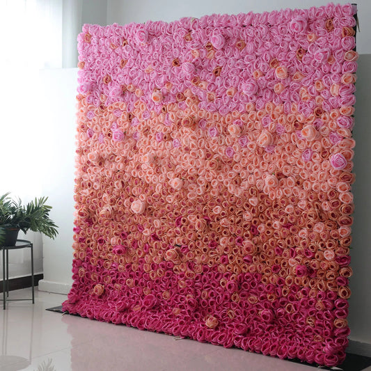 Roll Up Artificial Flower Wall Backdrop: Radiant Rose Gradient - A Passionate Palette from Vivid to Delicate-VF-239-2