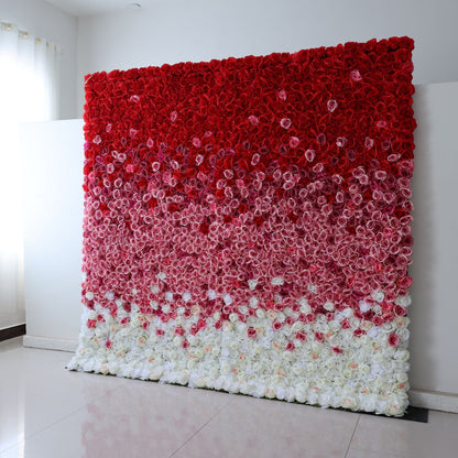 Roll Up Fabric Artificial Red to White Gradient Flower Wall Wedding Backdrop, Floral Party Decor, Event Photography-VF-338