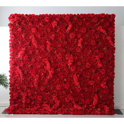 Roll Up Fabric Artificial Vivid Red Flower Wall Wedding Backdrop, Floral Party Decor, Event Photography-VF-050