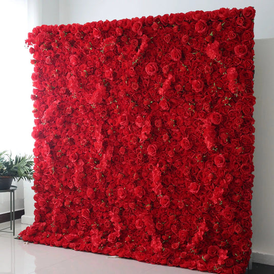 Roll Up Fabric Artificial Vivid Red Flower Wall Wedding Backdrop, Floral Party Decor, Event Photography-VF-050