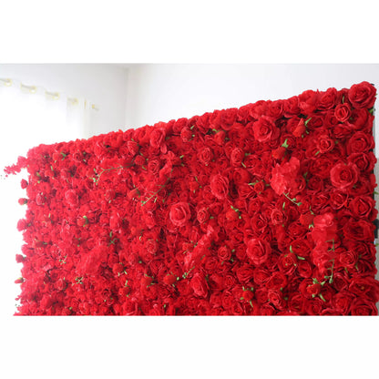 Roll Up Fabric Artificial Vivid Red Flower Wall Wedding Backdrop, Floral Party Decor, Event Photography-VF-050