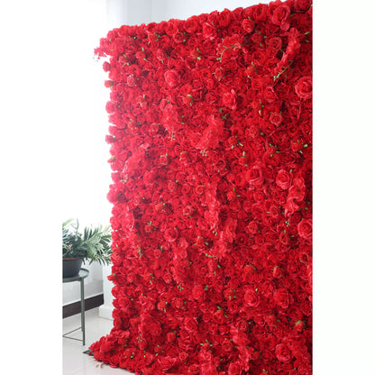 Roll Up Fabric Artificial Vivid Red Flower Wall Wedding Backdrop, Floral Party Decor, Event Photography-VF-050