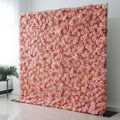 Roll Up Fabric Artificial Turkish Rose and Oriental Pink Flower Wall Wedding Backdrop, Floral Party Decor, Event Photography-VF-054-2