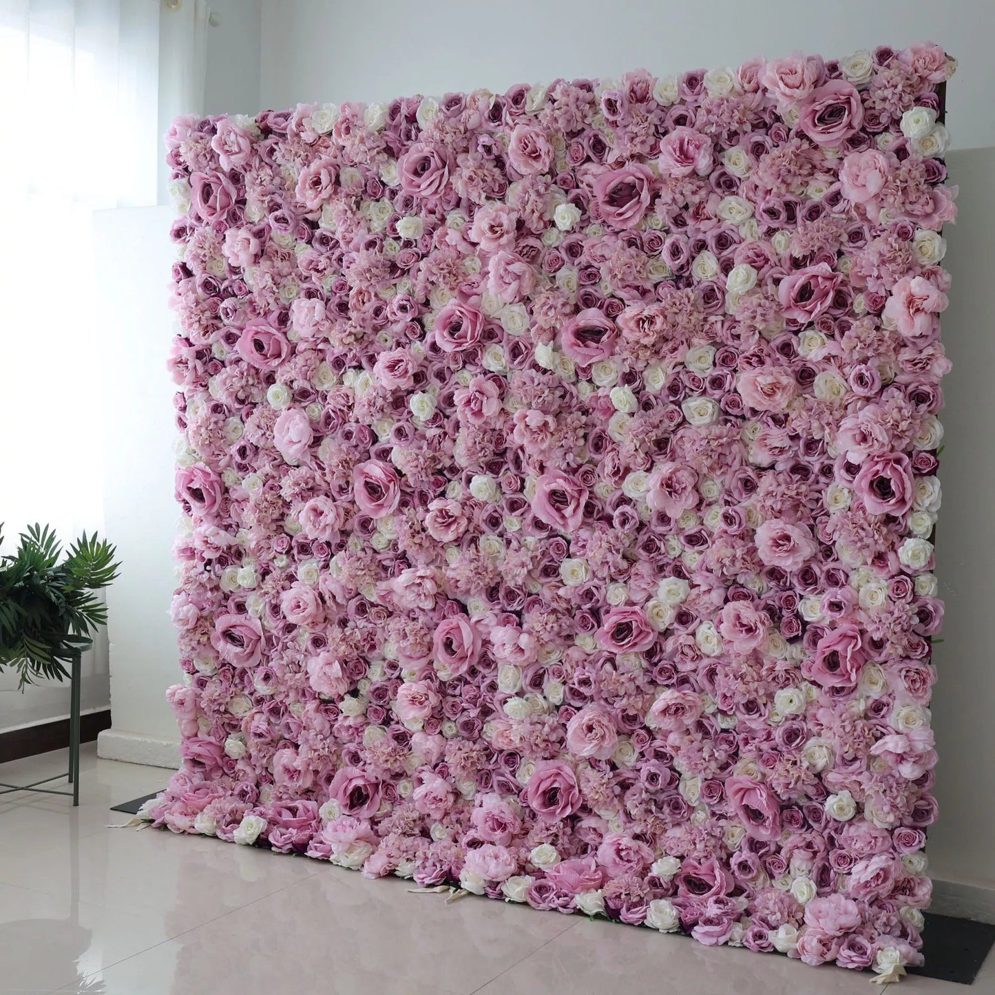 Roll Up Fabric Artificial Mix Purple Rose and White Flower Wall Wedding Backdrop, Floral Party Decor, Event Photography-VF-048-3